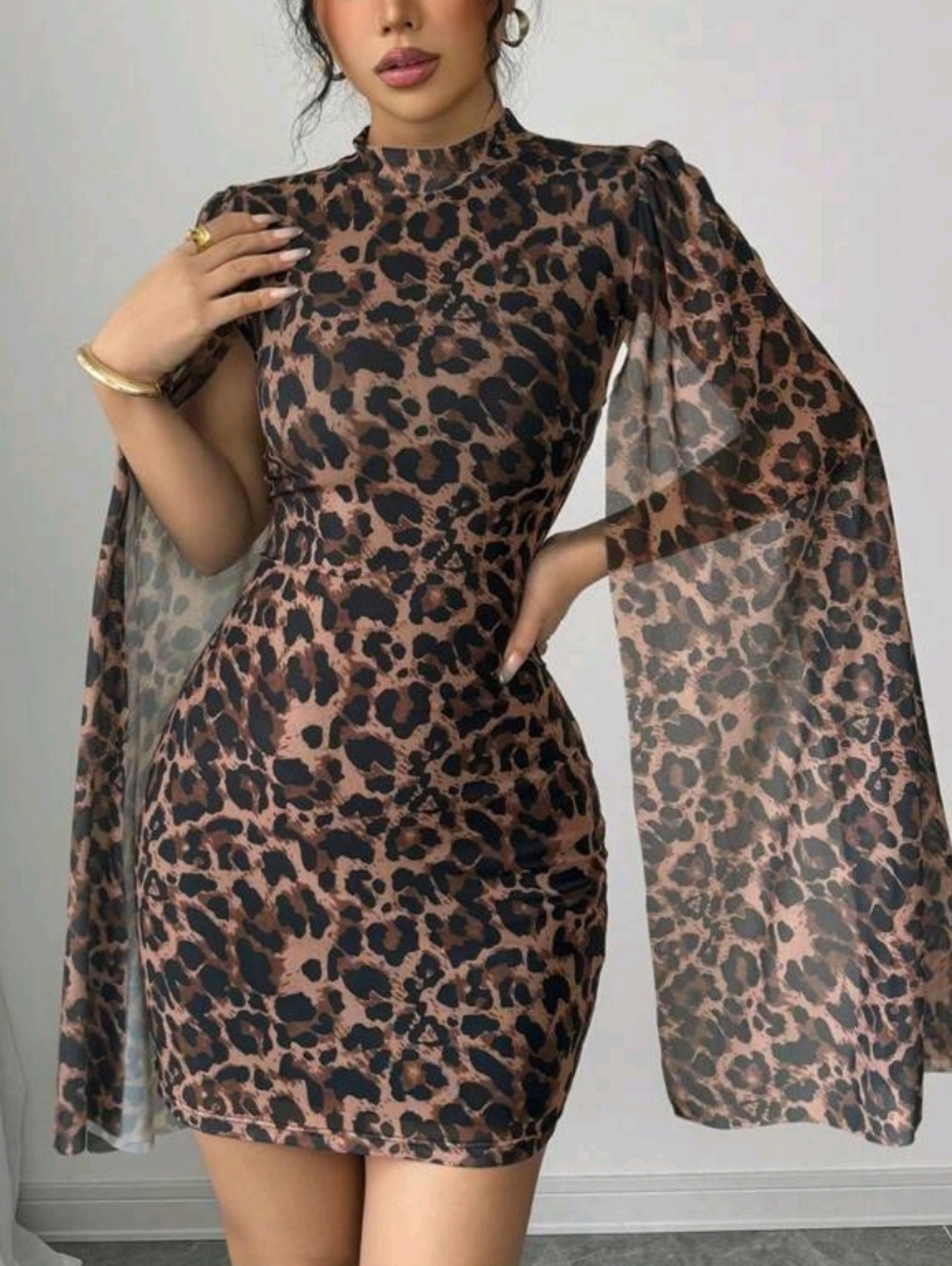 Leopard Print Cape-Sleeve Mini Dress - Brown/Black